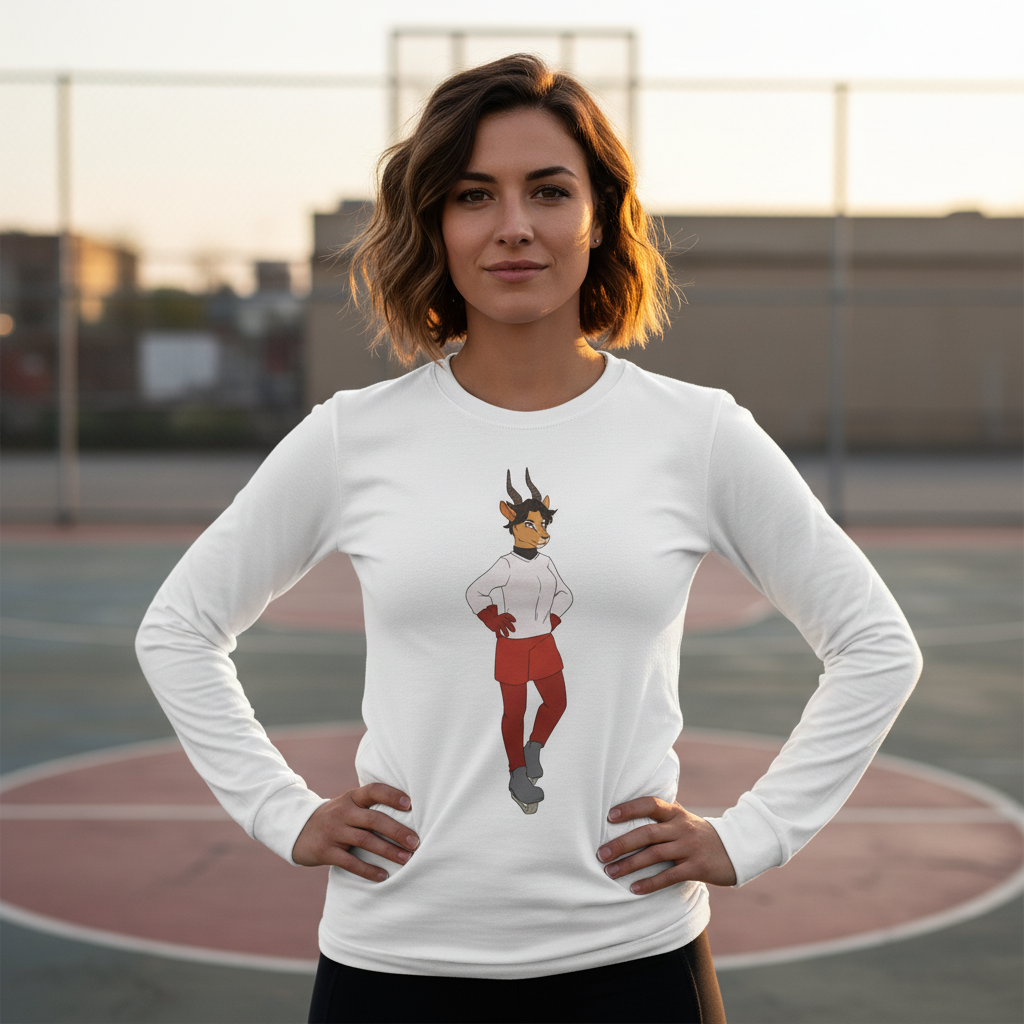 Young woman on a basketball court wearing the Sporty Dyke Unisex Long Sleeve Tee with a cartoon antelope character, embodying queer pride and self-expression in warm, late-day light.