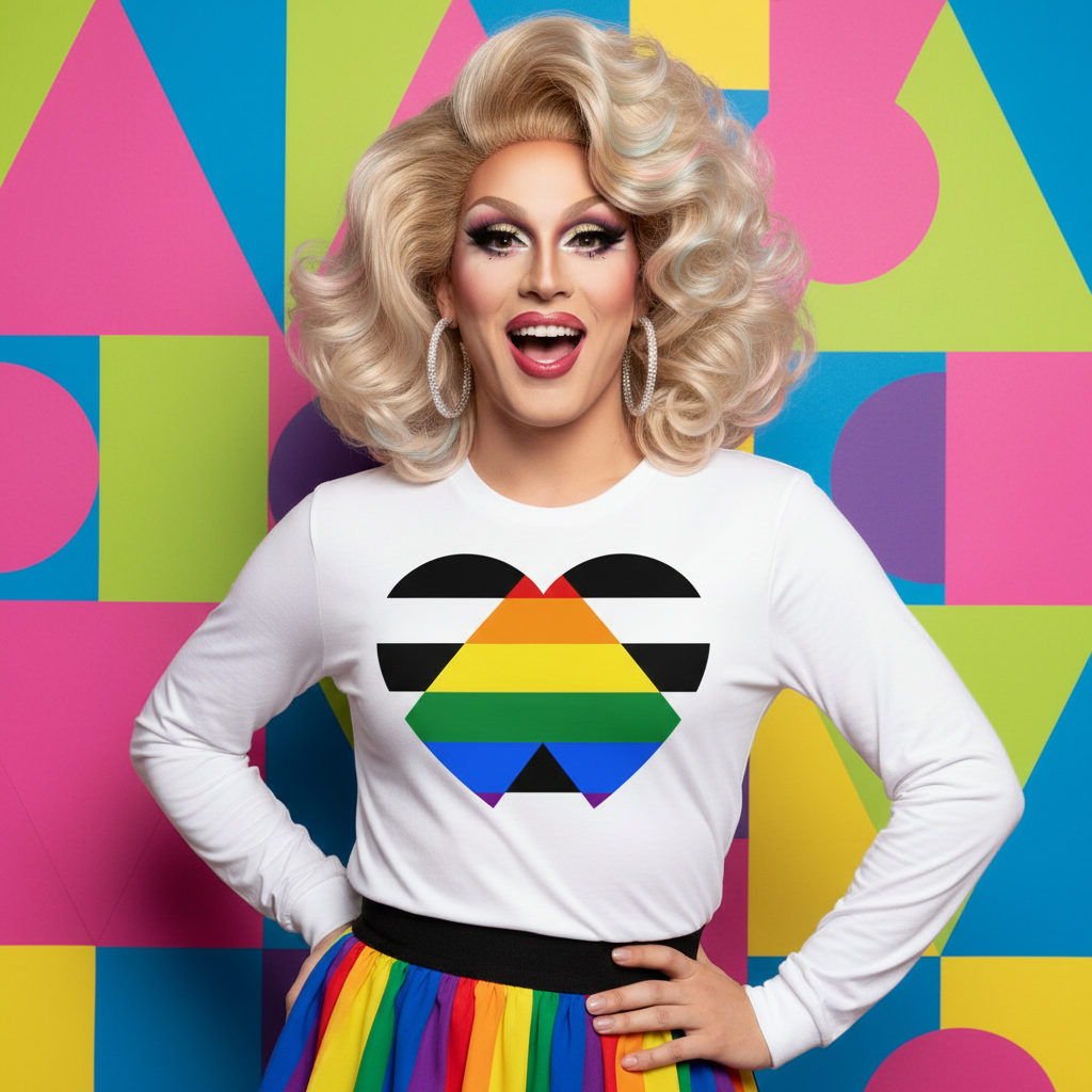 Drag performer in a vibrant setting wearing the LGBTQ Ally Unisex Long Sleeve T-Shirt, featuring a heart graphic with black and rainbow stripes, embodying pride and self-expression.