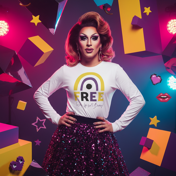 White nonbinary Pride unisex long sleeve t-shirt with “Free To Say: Life Isn't Binary!” design