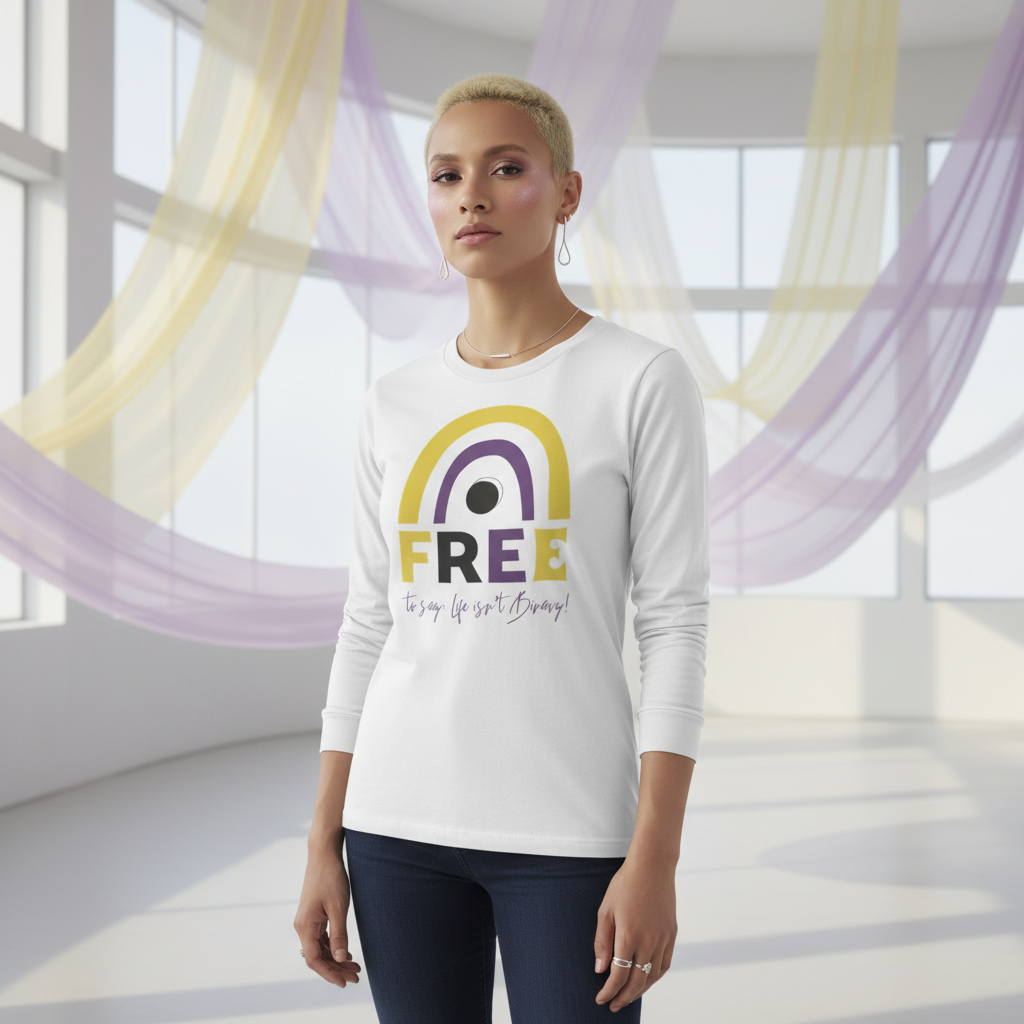 Person wearing the Free To Say: Life Isn't Binary! Unisex Long Sleeve T-Shirt with rainbow graphic, embodying queer pride and self-expression in a stylish, inclusive design.