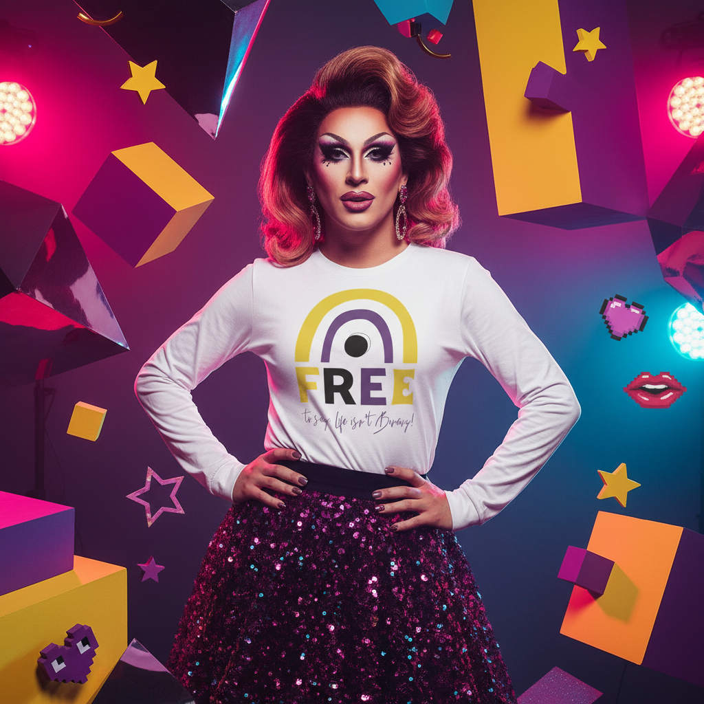Drag performer confidently models the Free To Say: Life Isn't Binary! Unisex Long Sleeve T-Shirt, featuring a rainbow graphic and FREE text, paired with a sequined skirt.