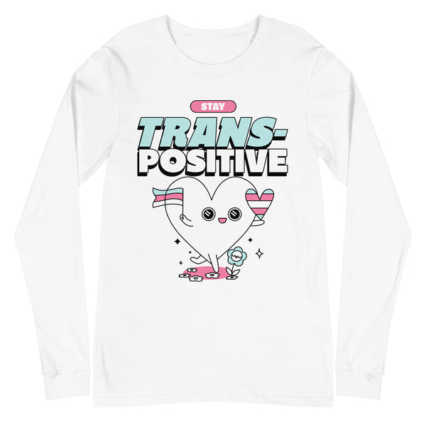 Unisex long sleeve tee with a cute heart holding trans pride flags, surrounded by flowers and sparkles; trans-affirming vibe.