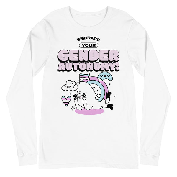 Unisex long sleeve T-shirt with “Embrace Your Gender Autonomy!” slogan, cartoon unicorn, pastel flag, hearts, clouds, and stars.