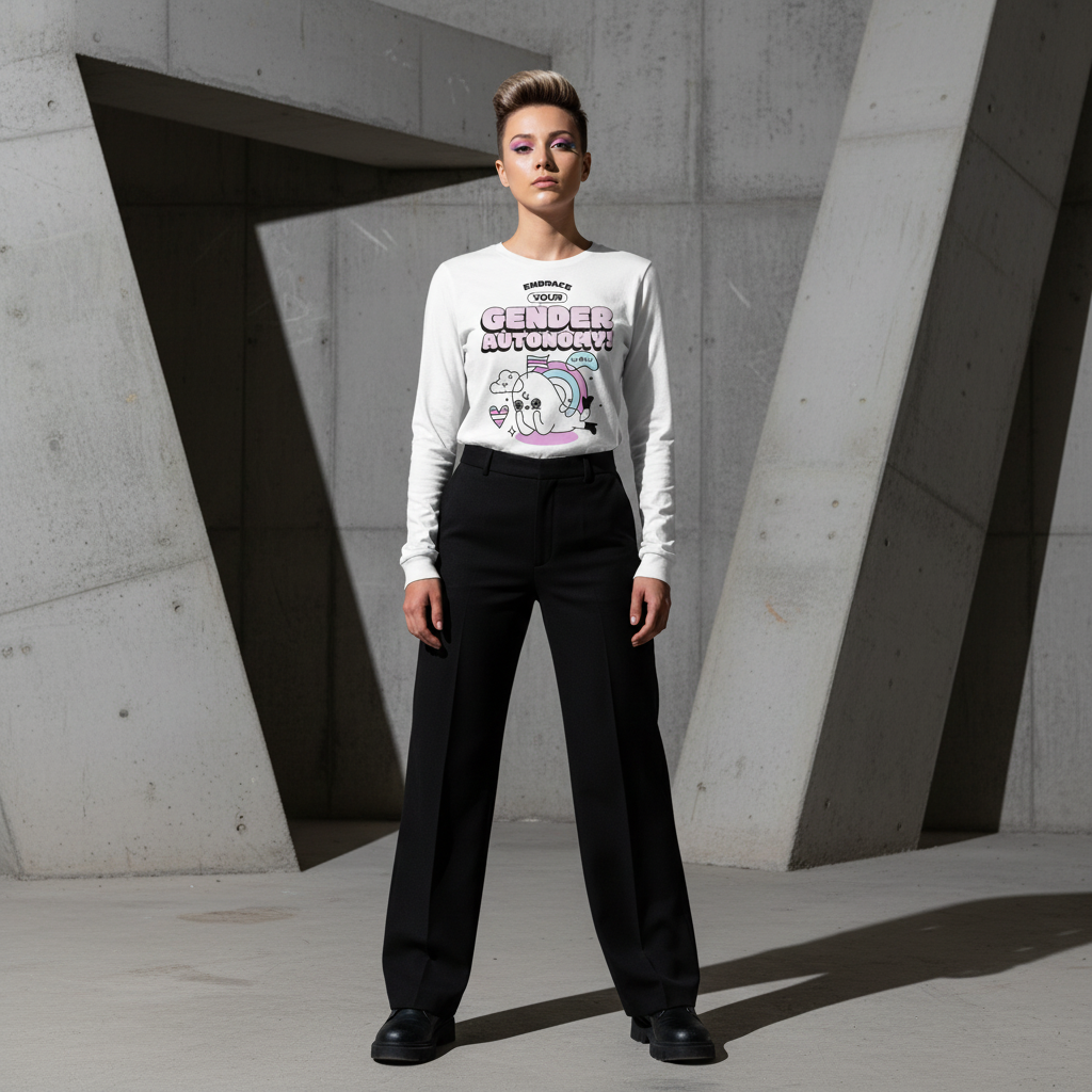 Unisex long-sleeve tee with “Gender Autonomy” in pastel colors and cartoon art. Person with short hair, black pants, shoes.
