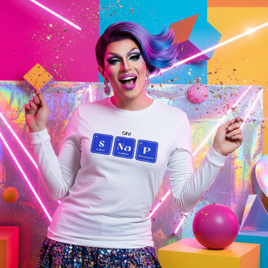 Oh! SNaP Unisex Long Sleeve T-Shirt styled with a sequined skirt; queer person with purple-blue hair beams amid neon and confetti.