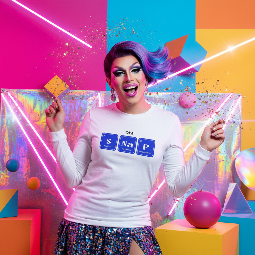 Vibrant Oh! SNaP Unisex Long Sleeve T-Shirt with playful periodic-table design, worn by a drag performer with bold makeup, two-tone wig, and sequin sparkle, embodying joyful queer energy.