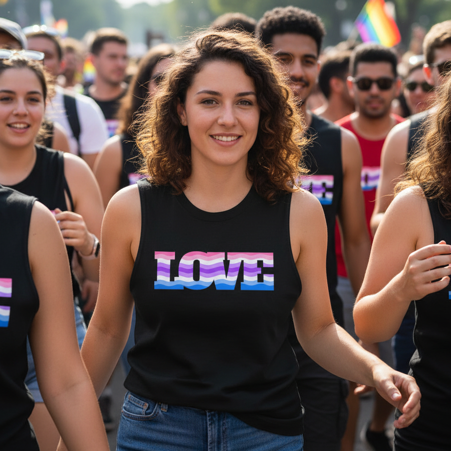 Smiling person wearing a black muscle tank with wavy pink, white, purple, and blue “LOVE” lettering at a Pride parade