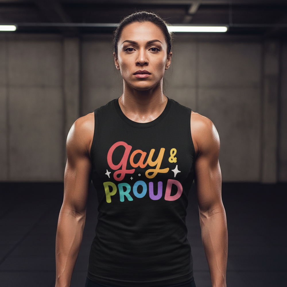 Black muscle top reading “Gay And Proud” in bold rainbow letters; worn by a queer person facing the camera in a dim gym.