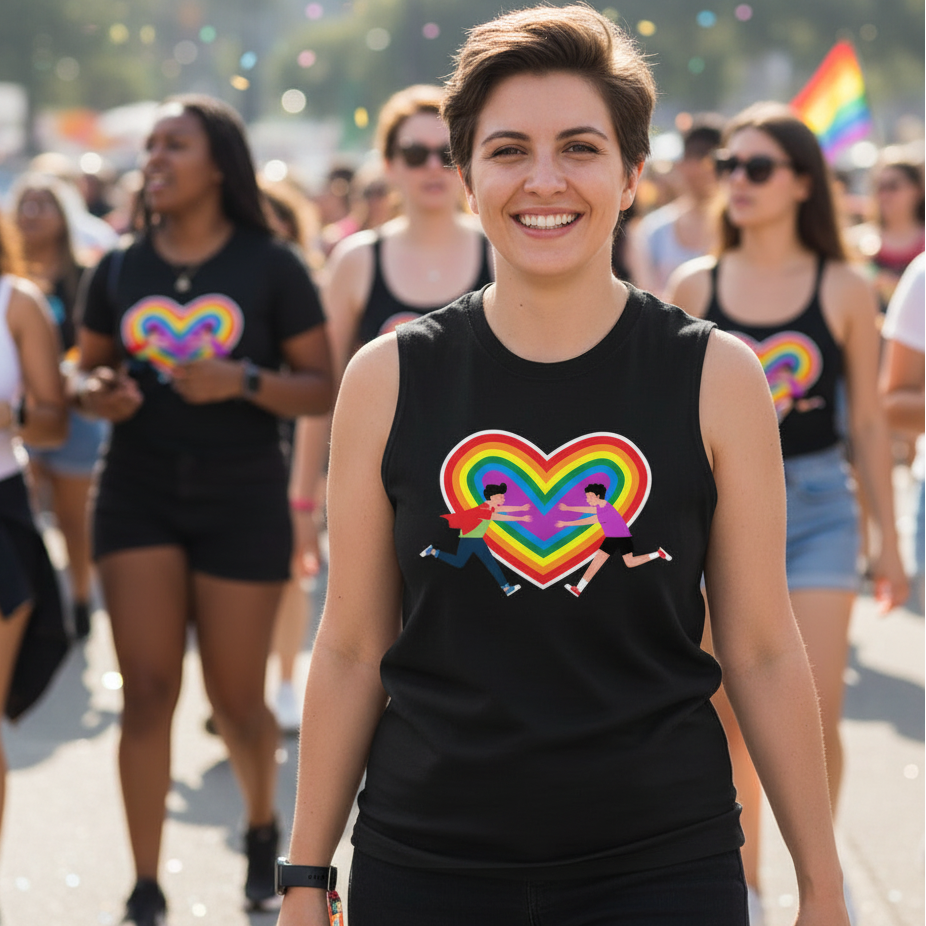 Black unisex Gay Couple Muscle Top with a rainbow heart and two running figures, worn by a smiling queer person at Pride among rainbow flags.