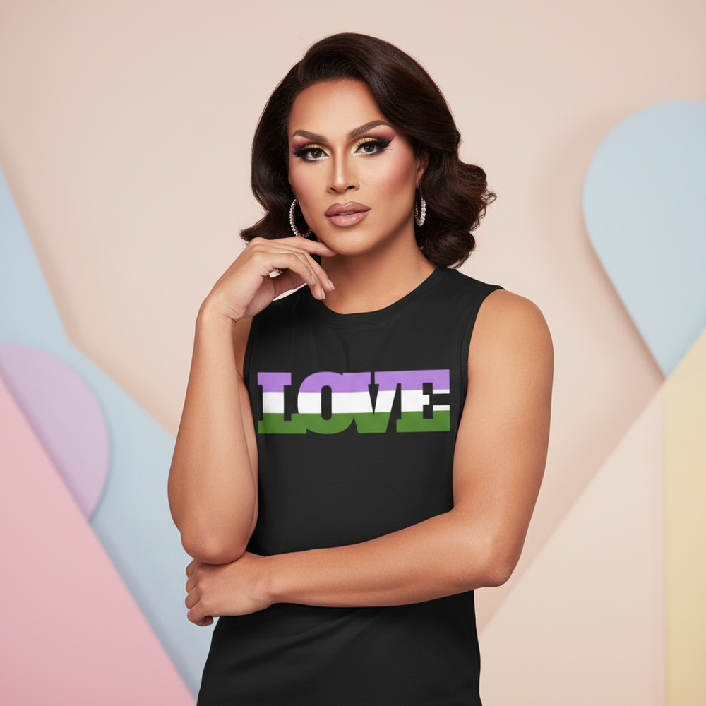 Genderqueer Love Muscle Top, relaxed unisex fit, bold "LOVE" in green, white, purple, black stripes; pastel hearts behind.
