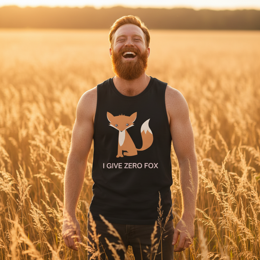 The "I Give Zero Fox" muscle top with playful text and a cute cartoon fox is worn by a bearded man laughing in sunlit grass.