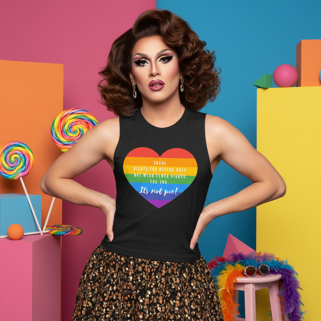 Drag performer modeling a black muscle tank with a rainbow heart and equality slogan