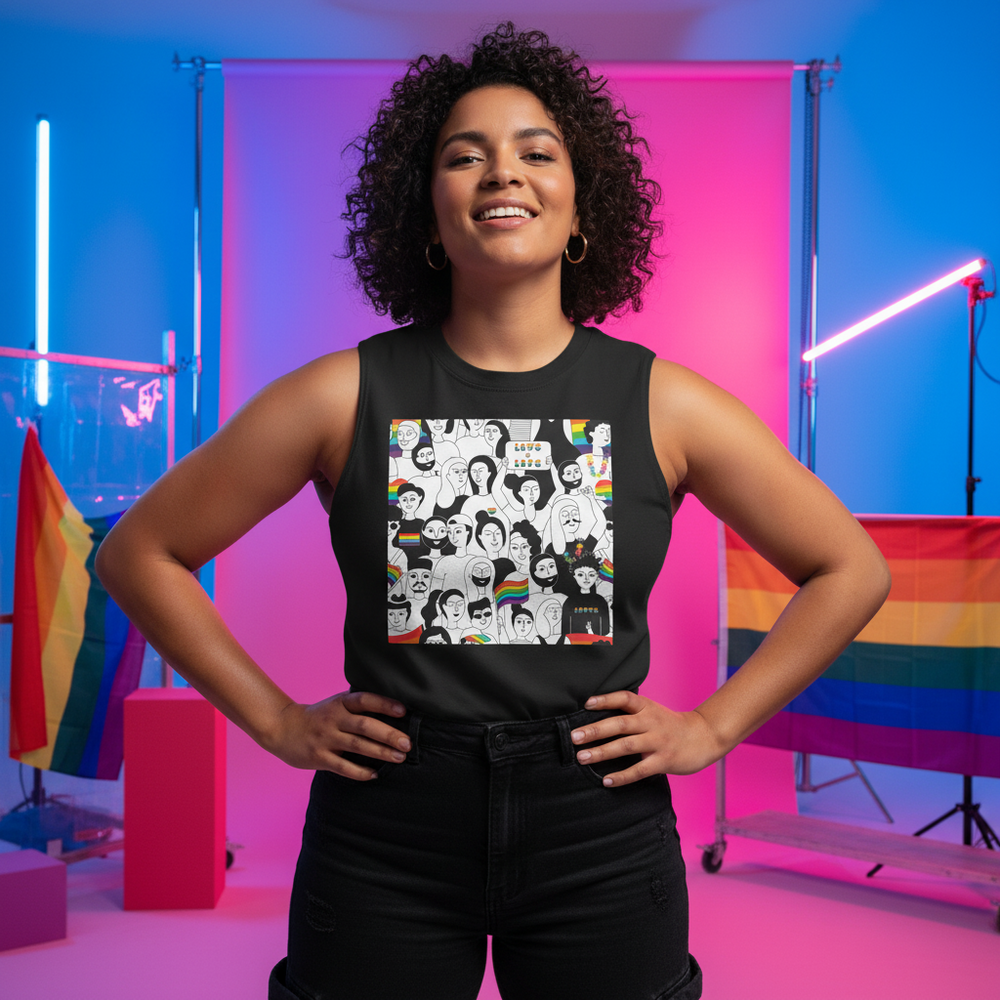 Model wearing a black muscle tank with illustrated queer faces and rainbow symbols