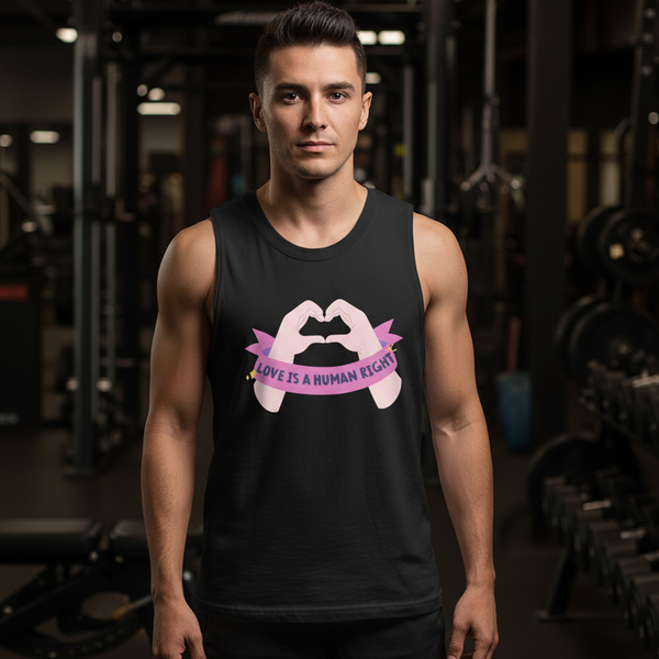 Love Is A Human Right muscle top with two hands forming a heart and a pink banner, worn by a young man in a gym setting.