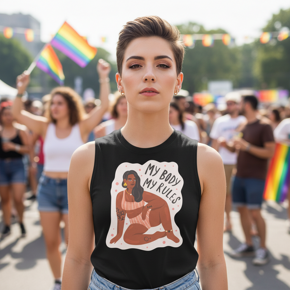 Person wearing a black muscle tank reading “My Body My Rules” at a pride parade
