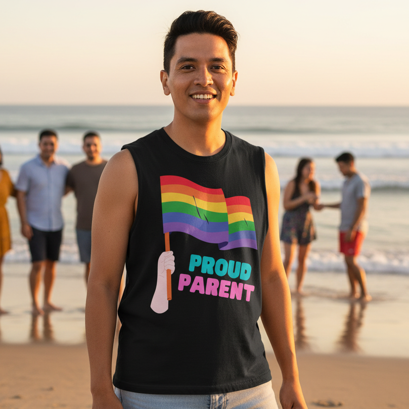 Proud Parent Muscle Top shows a hand gripping a rainbow Pride flag with “PROUD PARENT” in bold colors; sunset beach scene.