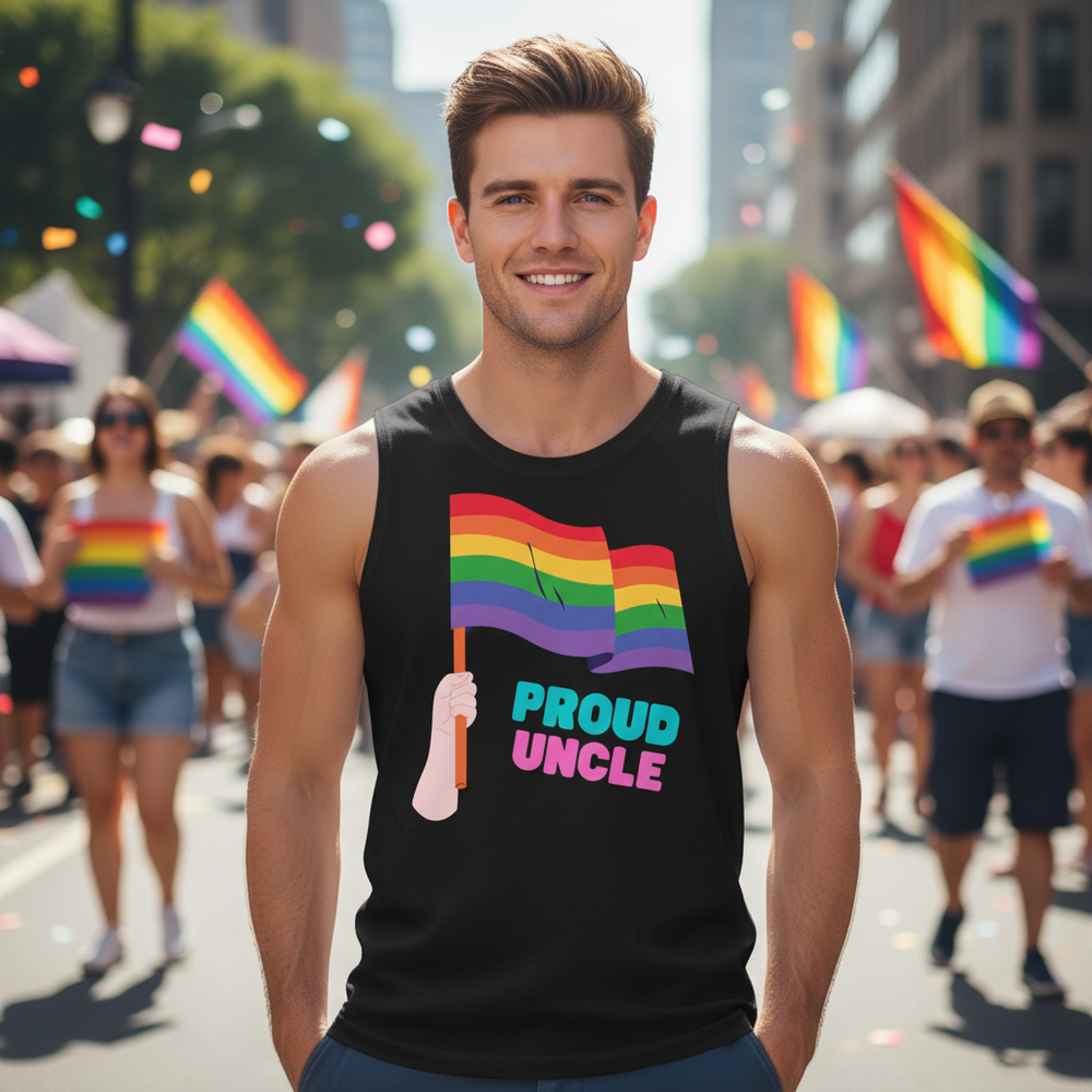 Muscle top reading "Proud Uncle" with a rainbow flag, seen on a beaming man at a sunny LGBTQ+ pride parade full of queer joy.