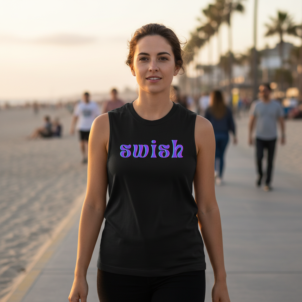 Swish Muscle Top in relaxed black, bold purple and pink “swish” lettering; femme with ponytail strolls sunset beach path.