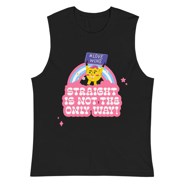 Black sleeveless tee featuring a cheerful cartoon face with a mustache and lipstick, holding a #LOVE WINS sign. Bubbly text declares Straight Is Not The Only Way! in vibrant, prideful celebration.