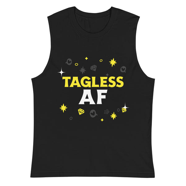 Tagless AF Muscle Tank: Black sleeveless shirt with “TAGLESS AF” graphic, yellow and white text, surrounded by playful icons. Bold, empowering style celebrates queer pride and self-expression.