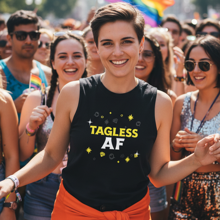 Tagless AF Muscle Top worn by a smiling, short-haired person at Pride, with rainbow flags and colorful queer fashion in the crowd.