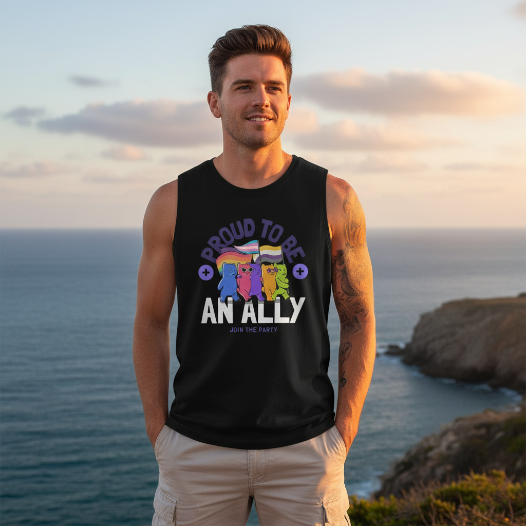 Young man wearing a Proud To Be An Ally muscle tank, featuring colorful figures with a trans pride flag, on a cliffside at sunset, embodying queer pride and self-expression.