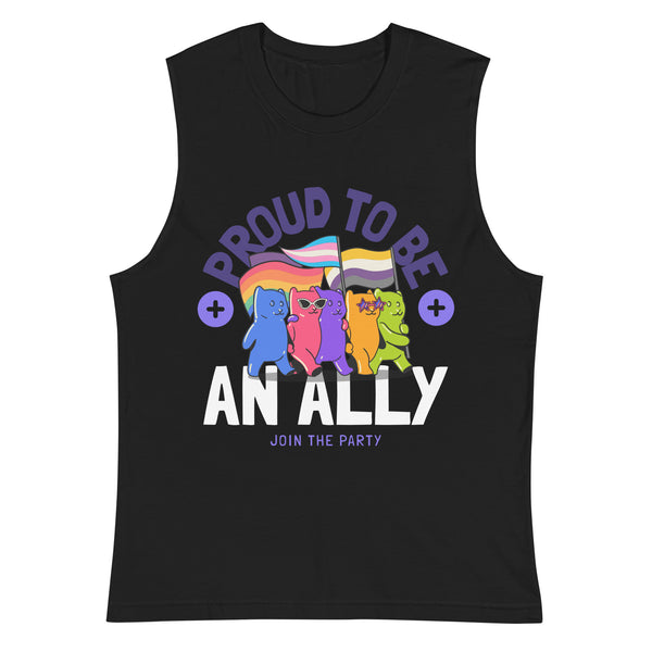 Muscle top showing three cartoon cats with rainbow, lesbian, and nonbinary flags. 