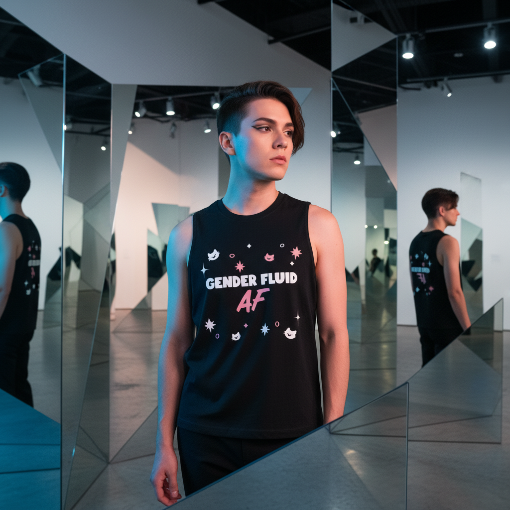 Gender Fluid AF muscle top with pink and blue star and cat graphics, worn by a queer person in mirror-filled gallery space.