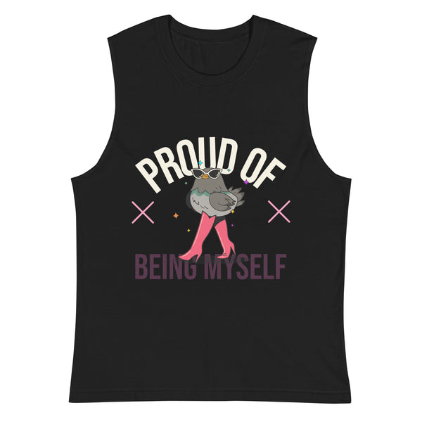 Black sleeveless muscle top for Pride featuring a pigeon in sunglasses and pink boots. 