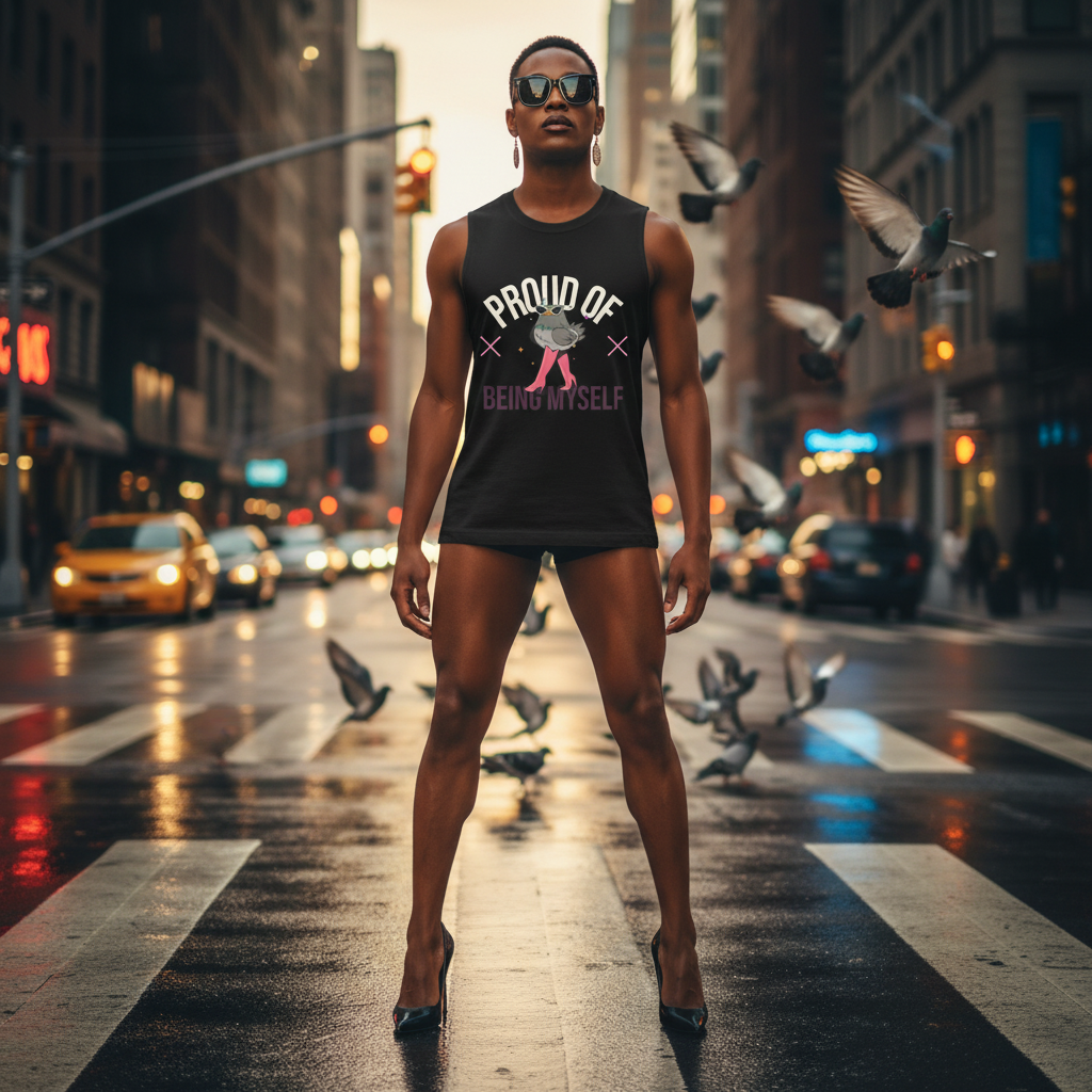 Proud Of Being Myself Muscle Top on a confident queer person at a city crosswalk, with sunglasses, heels, and pigeons fluttering.