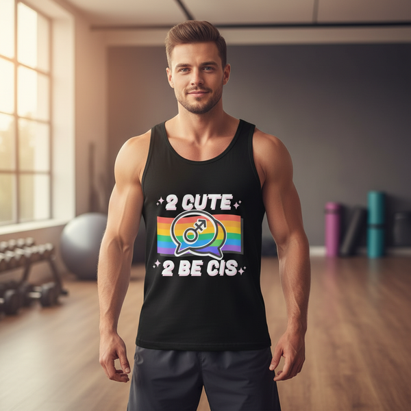 Young man in gym wears a bold 2 Cute 2 Be Cis Muscle Tank, showcasing a sleeveless design and rainbow-striped graphic, embodying LGBTQIA+ pride, visibility, and self-expression with empowering queer energy.
