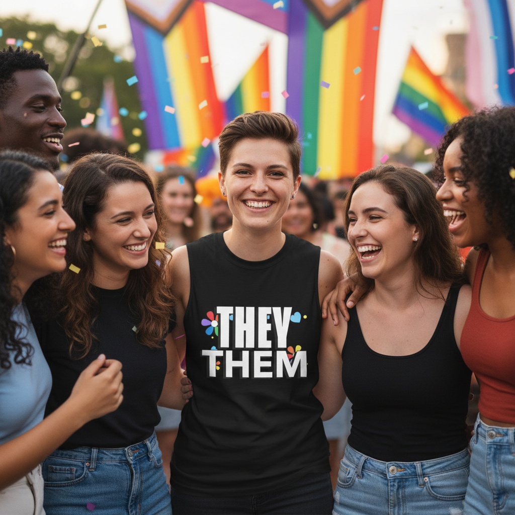They / Them Muscle Top" worn by a smiling friend at Pride, confetti flying, with Progress Pride rainbow flags in the background.