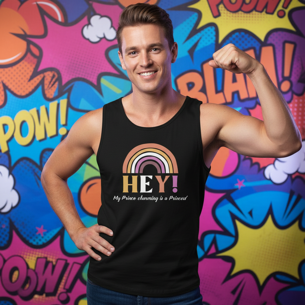 Muscular man in black Hey! My Prince Charming Is A Princess! tank top, showcasing pride and self-expression with flexed arm, embodying confidence and LGBTQIA+ empowerment against a vibrant comic-style backdrop.