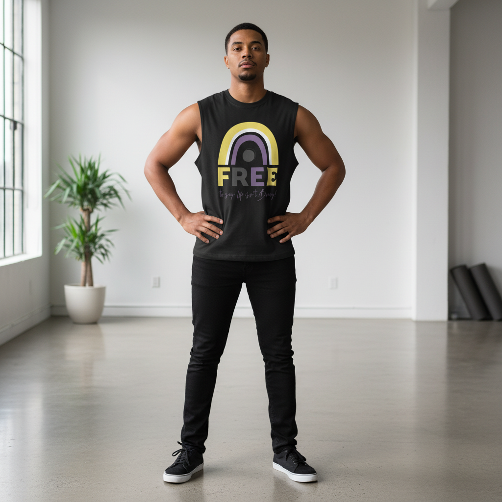 Young man modeling the Free To Say: Life Isn't Binary! Muscle Tank, a sleeveless black T-shirt with rainbow graphic, embodying queer pride and self-expression in a bright, minimalist room.