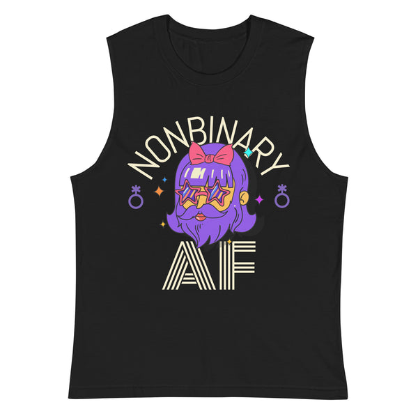 Black sleeveless muscle top with “Nonbinary AF”; features a bold character with purple hair, star glasses, and gender symbols.