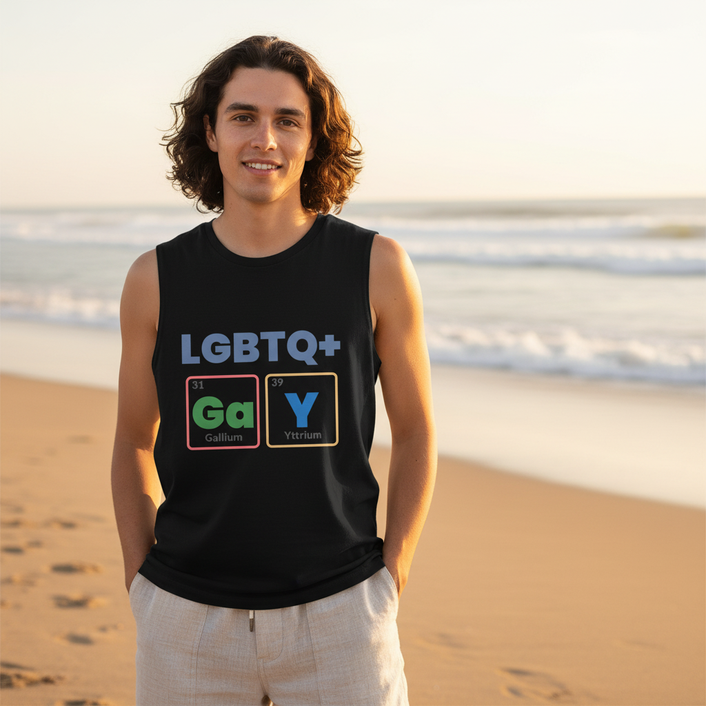 Sleeveless black muscle tee reading "LGBTQ+" with Ga (Gallium) and Y (Yttrium) in periodic table tiles spelling "GAY.