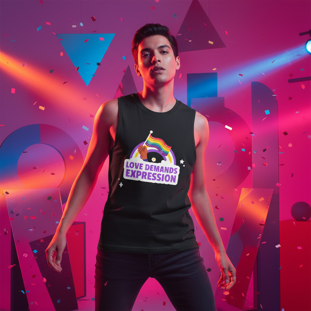Love Demands Expression Muscle Top in electric lights and rainbow confetti, proudly worn in a queer celebratory pride scene.