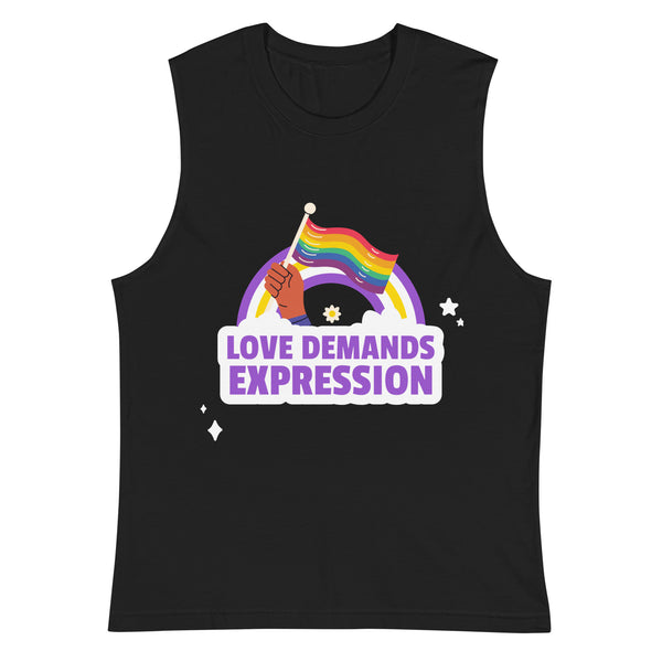Muscle top with a hand holding the progress pride flag, rainbow arc, stars, and bold “LOVE DEMANDS EXPRESSION” queer slogan.