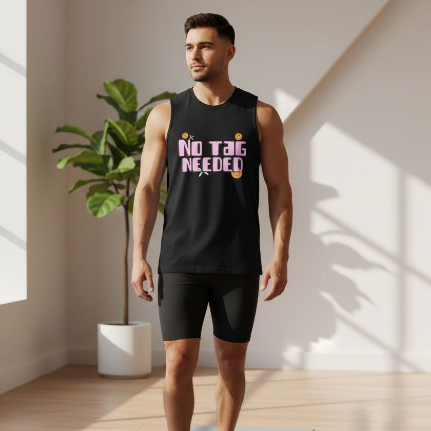 Young man models the No Tag Needed Muscle Tank, a sleeveless black top with bold pink lettering, embodying fierce queer pride and self-expression in a minimalist, sunlit room.