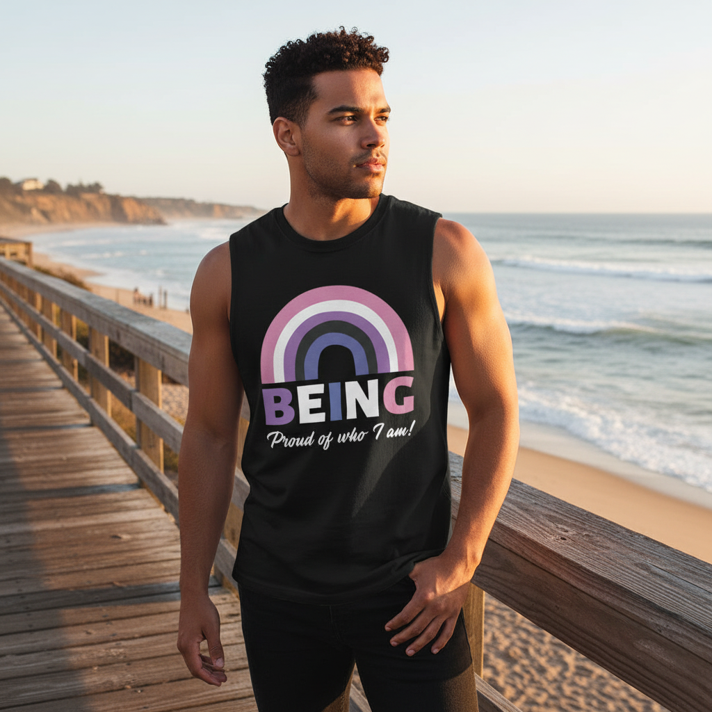 Young man on boardwalk wearing Being Proud Of Who I Am! Muscle Tank with pastel rainbow and empowering message, embodying bold queer pride and self-expression against a serene ocean backdrop.
