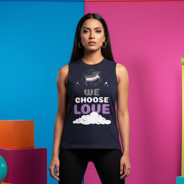 Muscle top with relaxed fit, asexual pride flag, sun rays, stars, clouds, and "We Choose Love" in white and purple.