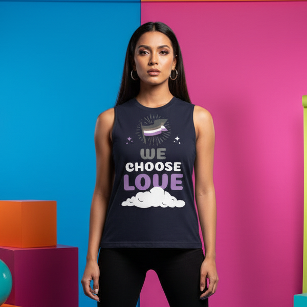 Muscle top with relaxed fit, asexual pride flag, sun rays, stars, clouds, and 