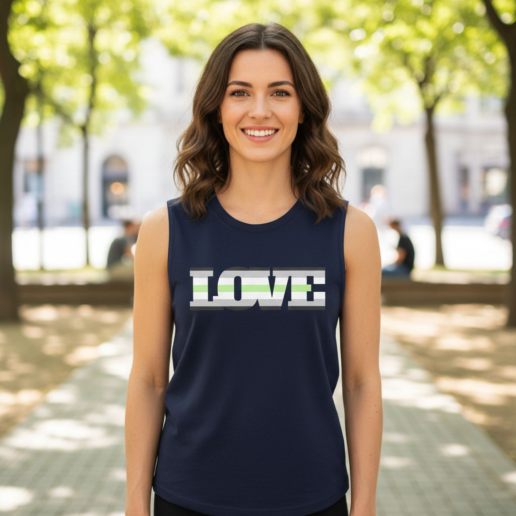 Agender Love Muscle Top, sleeveless navy tank with bold white "LOVE" text, worn outdoors by a smiling woman in a sunny park.