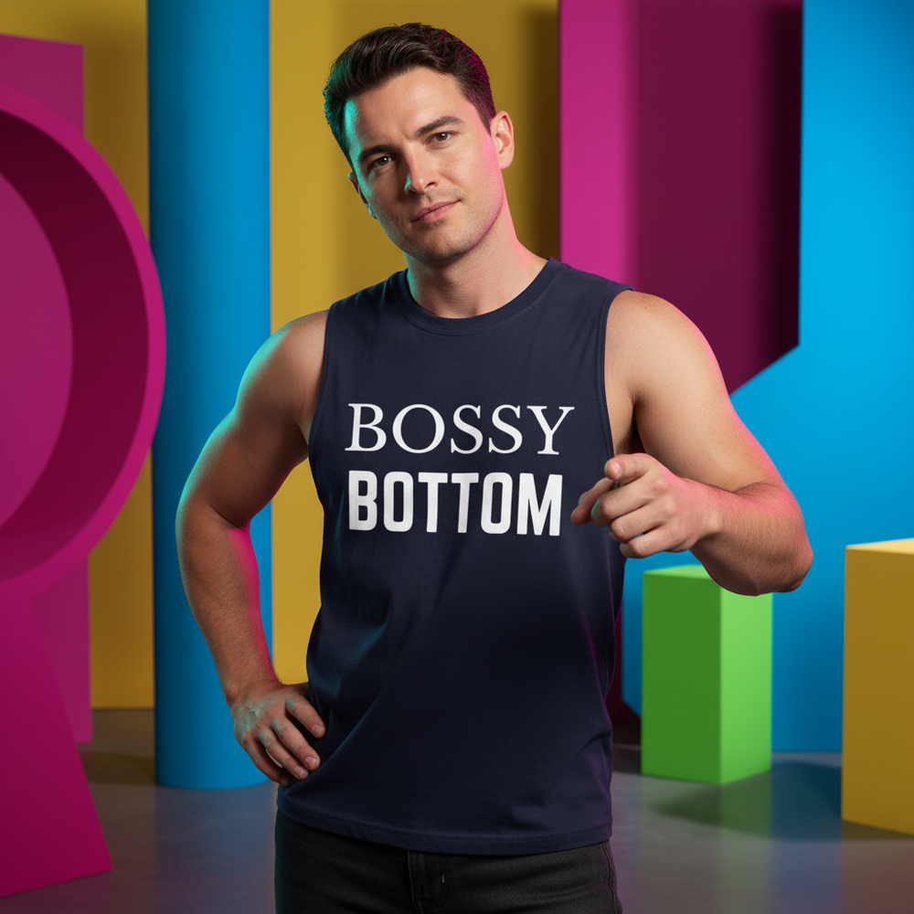 Bossy Bottom Muscle Top, a navy unisex tank with “BOSSY BOTTOM” on the chest, worn by a man pointing playfully indoors.