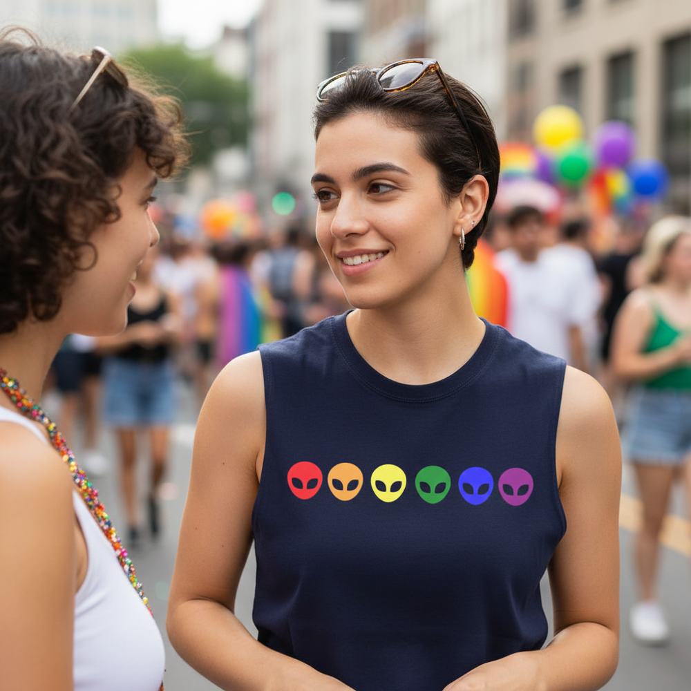 Person wearing a navy sleeveless top with six rainbow alien faces at a Pride parade