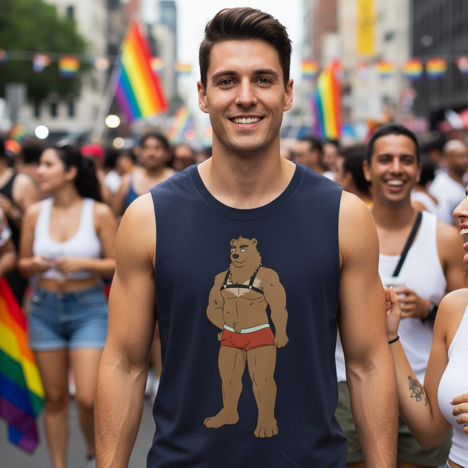 Unisex Gay Bear Muscle Top with a cartoon bear in red briefs, worn by a smiling man at a pride parade with rainbow flags.