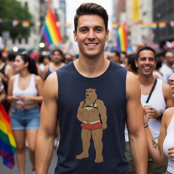Unisex Gay Bear Muscle Top with a cartoon bear in red briefs, worn by a smiling man at a pride parade with rainbow flags.