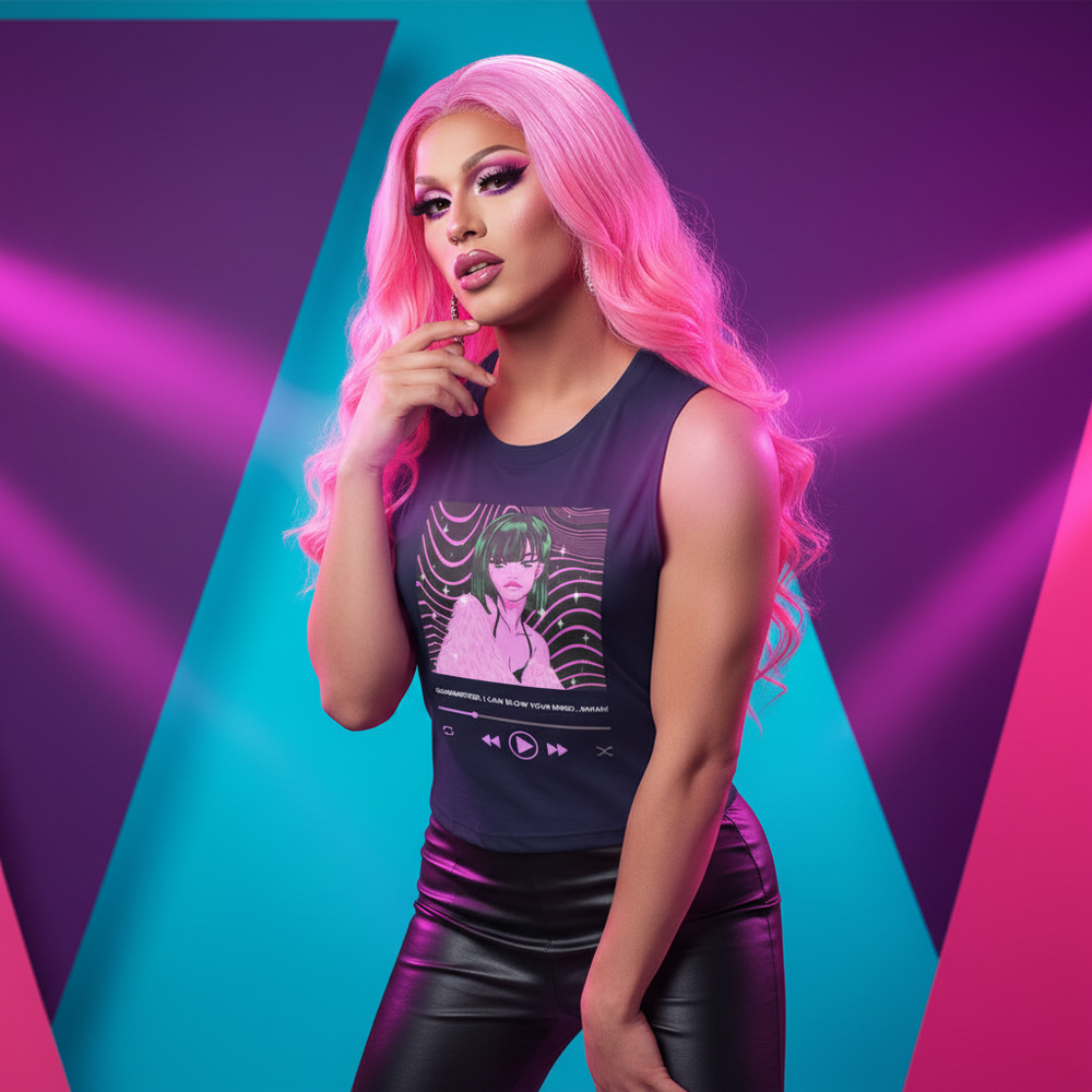 Model wearing a black muscle tank with pink anime artwork and music-player icons