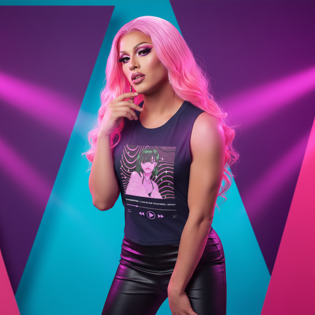 Model wearing a black muscle tank with pink anime artwork and music-player icons