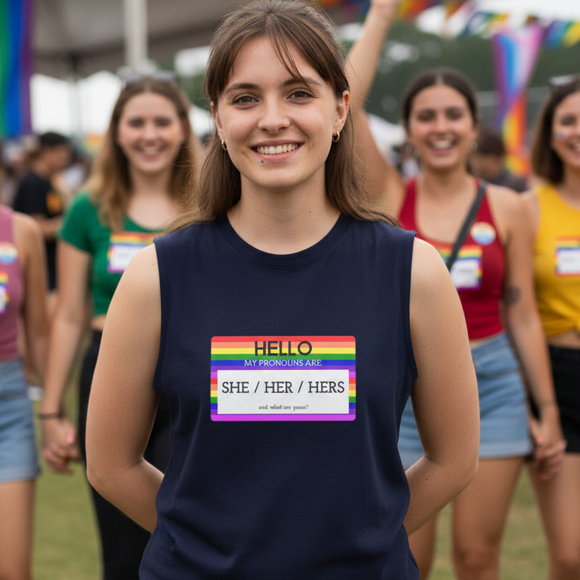 Muscle top reads “Hello My Pronouns Are She / Her / Hers,” paired with a rainbow name tag, worn at an outdoor Pride event.